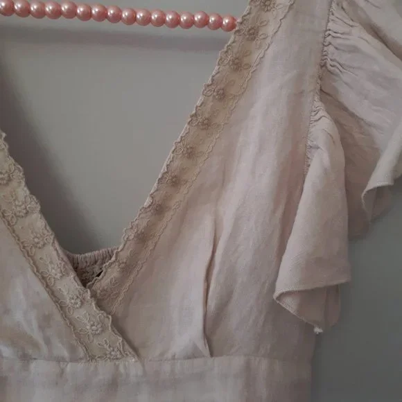 ☀️Zara nude linen plunge neckline crop top w/ floral mesh-like embroidery, M - Picture 10 of 11